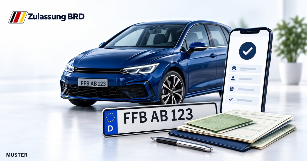 Online Fahrzeugzulassung in Gröbenzell: Musterkennzeichen FFB AB 123, Auto und Fahrzeugpapiere und Smartphone. Illustration mit Logo von Zulassung BRD.